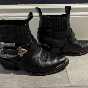 Wandering Coyote Black Magic Leather Cowboy Ankle Boots with Decorative Buckle